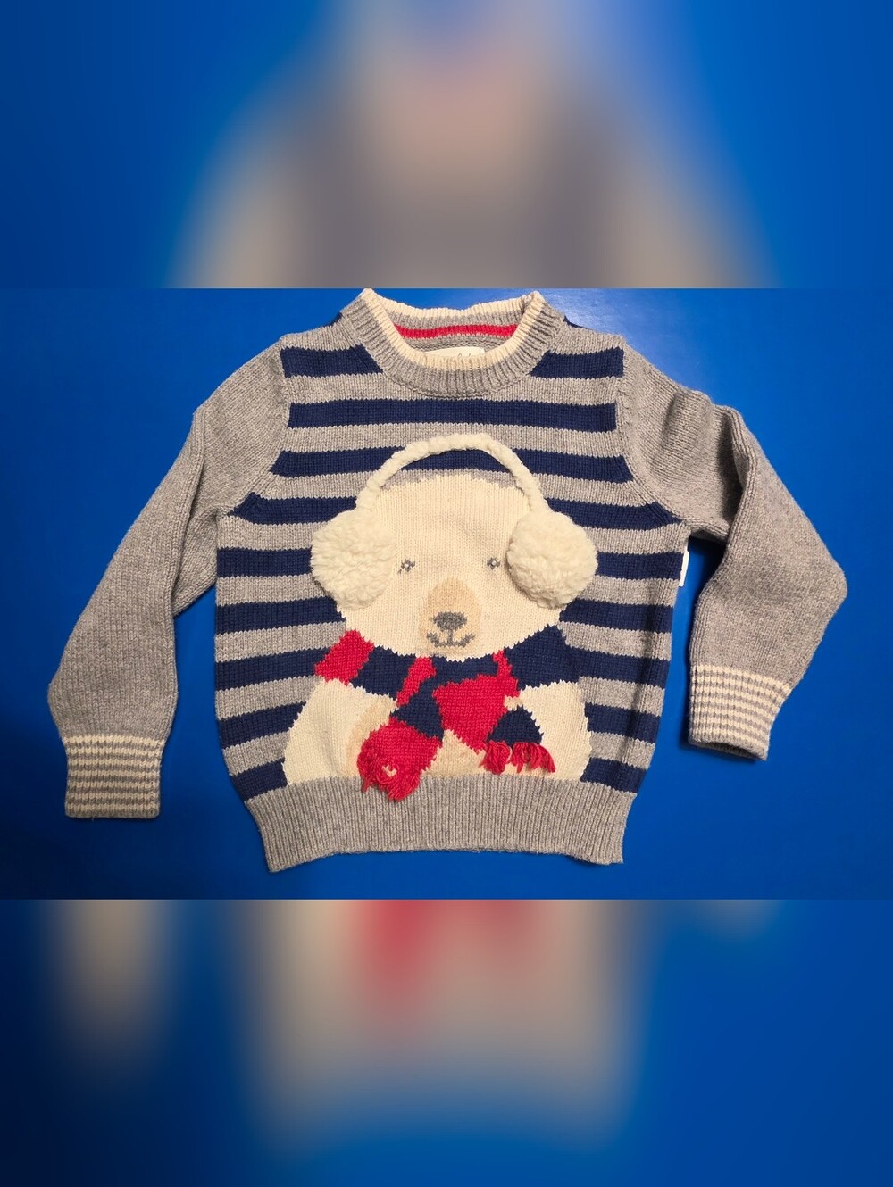 Mini Boden Gray & Navy Striped Bear Sweater with Red Accent Size 3/4